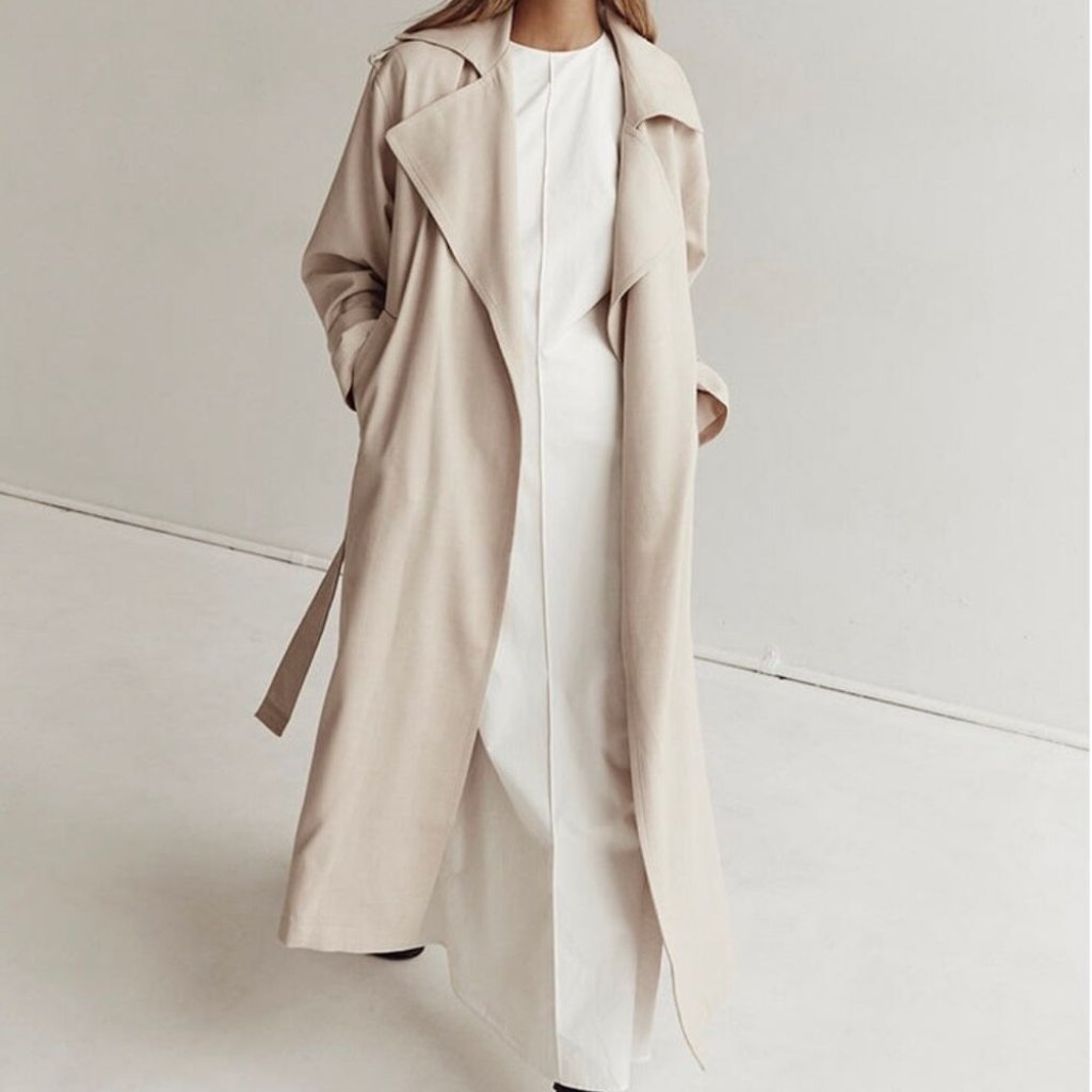 Dissh New Jamie Stone Beige Full Length Relaxed Belted Luxury Trench, Sz 16